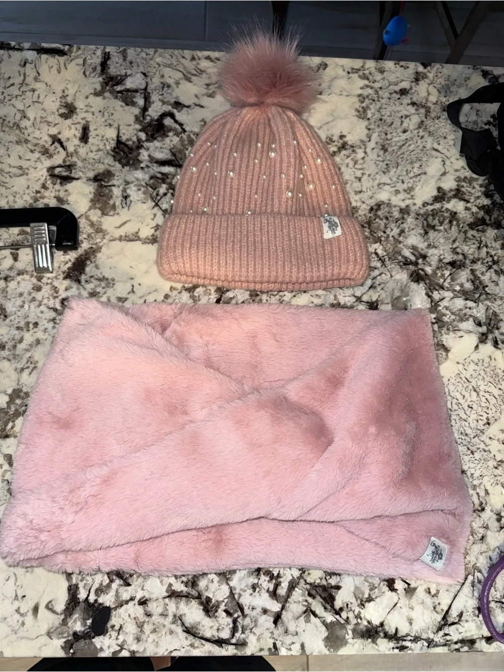 Ralph Lauren Pink Faux-Fur Pom Pom Beanie with Matching Plush Scarf/cowel